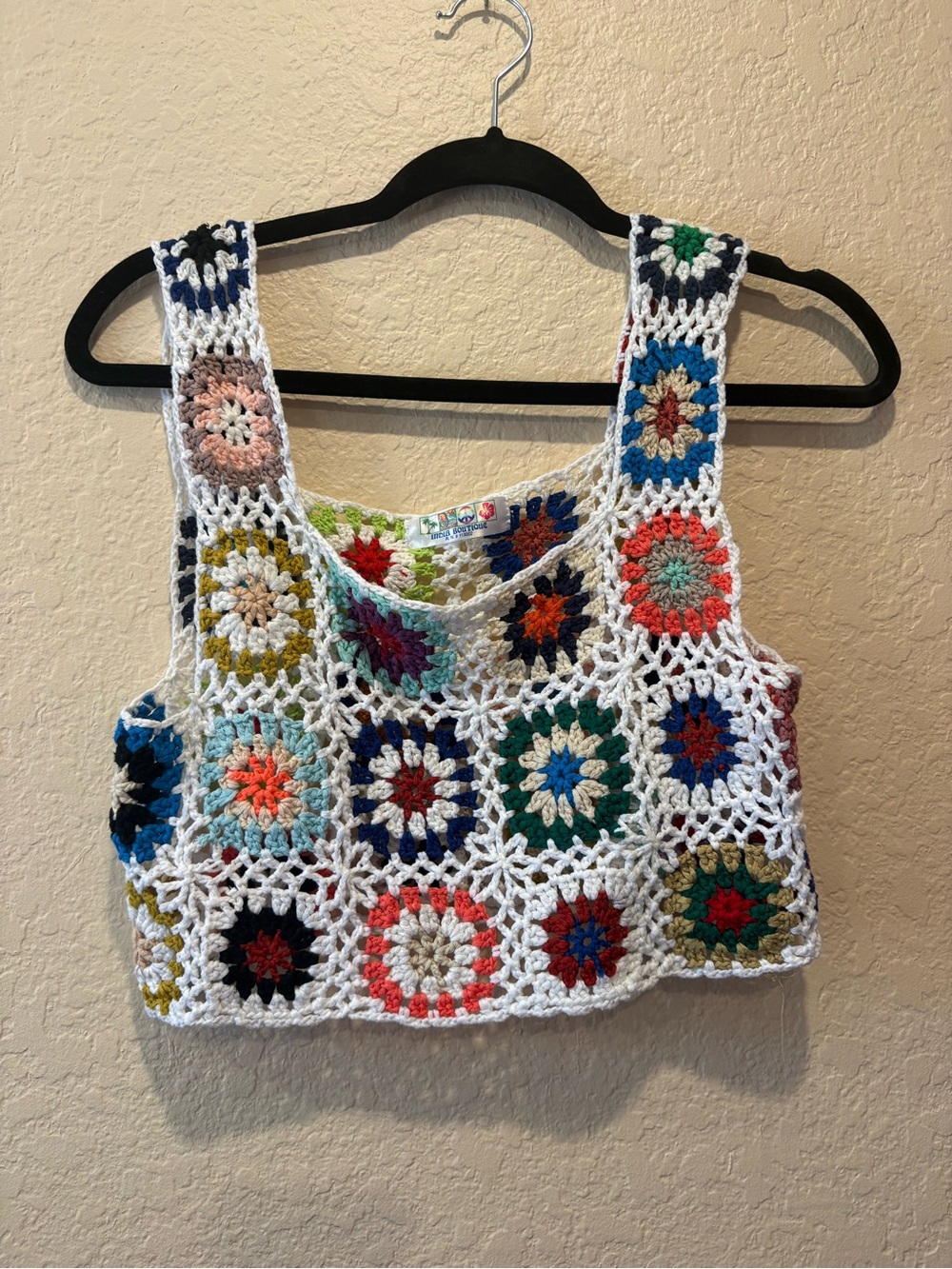 India Boutique Multicolor Crochet Crop Top with White Trim